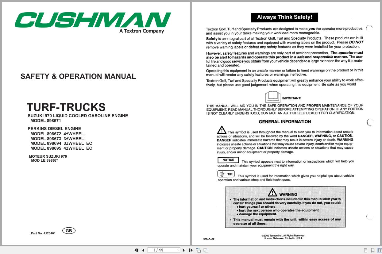 Cushman Utility Vehicle Turf Truckster 898671 to 898695 Safety Operation Manual 4120401 GB (1)