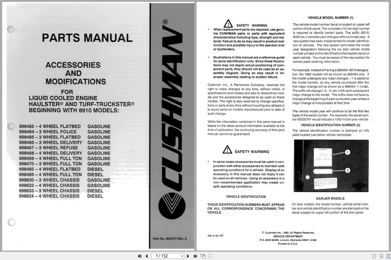 Cushman Utility Vehicle Turf Truckster Haulster 898462 to 898634 Parts Manual 832973 (1)