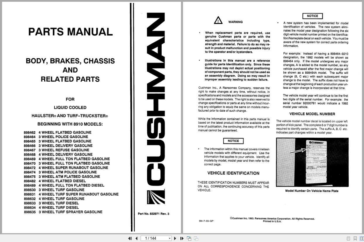 Cushman Utility Vehicle Turf Truckster Haulster 898462 to 898635 Parts Manual 832971 (1)