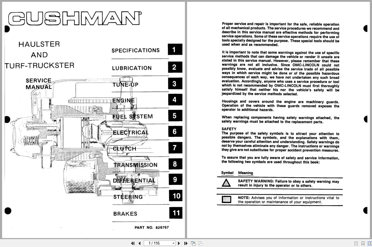 Cushman Utility Vehicle Turf Truckster Haulster Service Manual 826767 (1)