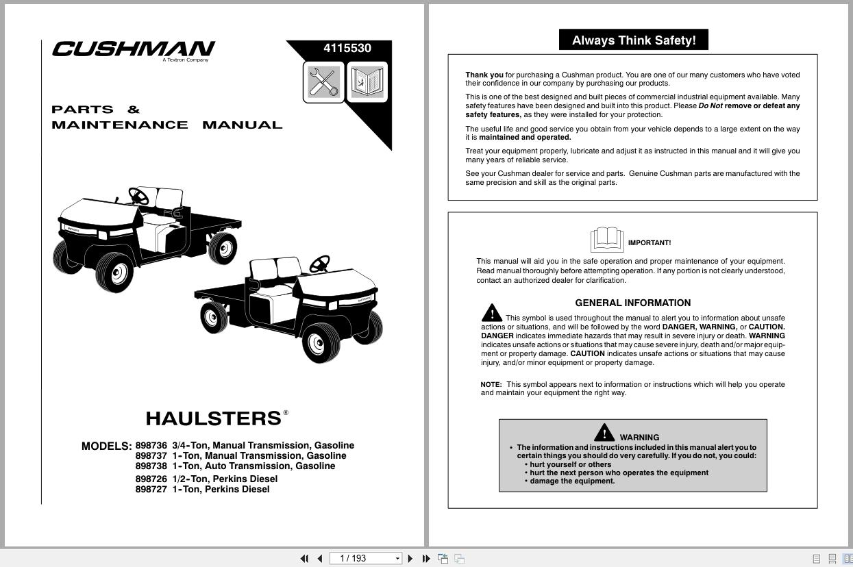 Cushman Utility vehicle Haulster 898736 to 898727 Parts Maintenance Manual 4115530 (1)