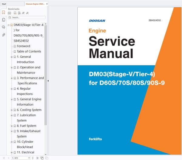 Doosan Engine DM03 Stage V and Tier 4 For D60 9 D70 9 D80 9 90S 9 Service Manual SB4524E02 (1)