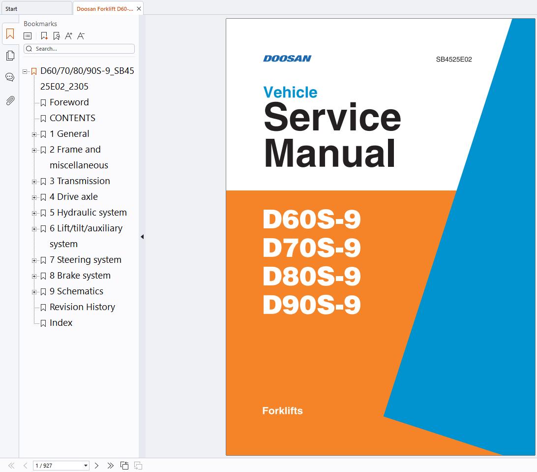 Doosan Forklift D60 9 D70 9 D80 9 90S 9 Service Manual SB4525E02 (1)