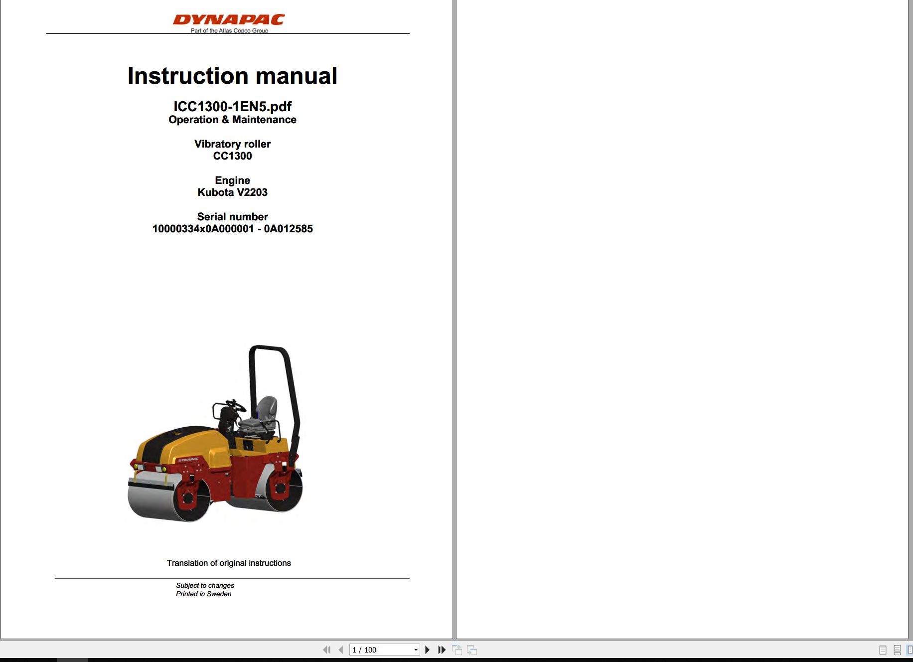 Dynapac Vibratory Roller CC1300 Instruction Manual ICC1300 1EN5 2014 1