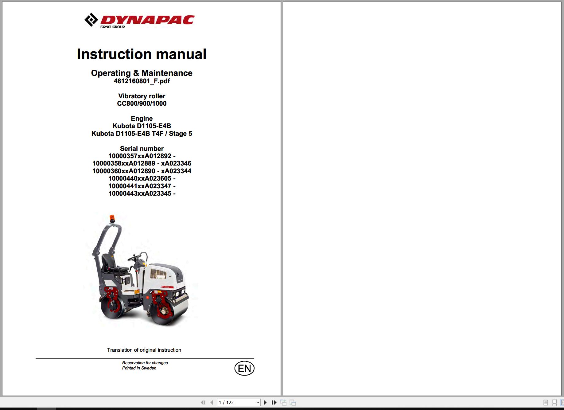 Dynapac Vibratory Roller CC800 CC900 CC1000 Instruction Manual 4812160801 F 2019 1