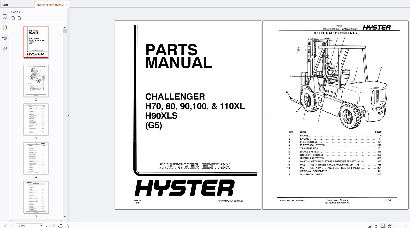 Hyster Forklift H70XL H110XL H90XLS G0005 Parts Manual 897526 (1)