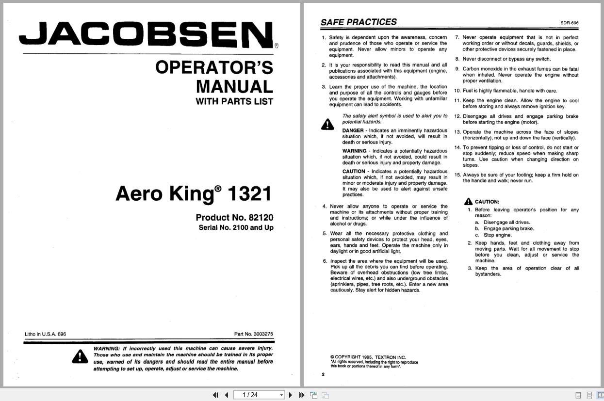 Jacobsen Aerator Aero King 1321 Operators Parts Manual 3003275 1995 (1)