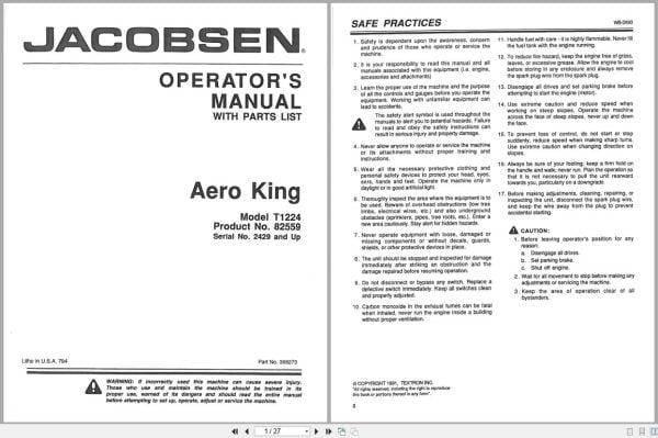 Jacobsen Aerator Aero King T1224 Operators Parts Manual 366273 1991 (1)