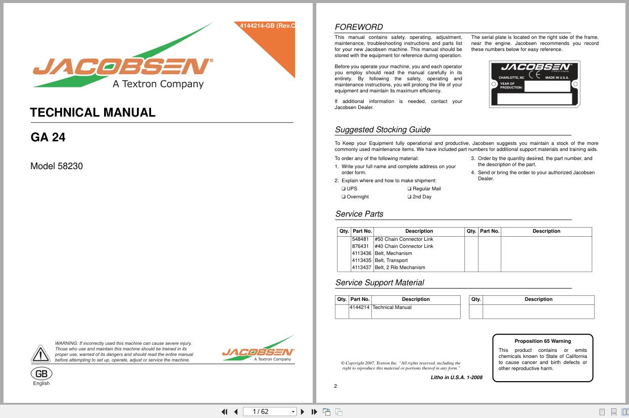 Jacobsen Aerator GA 24 58230 Technical Manual 4144214 GB 2008 (1)