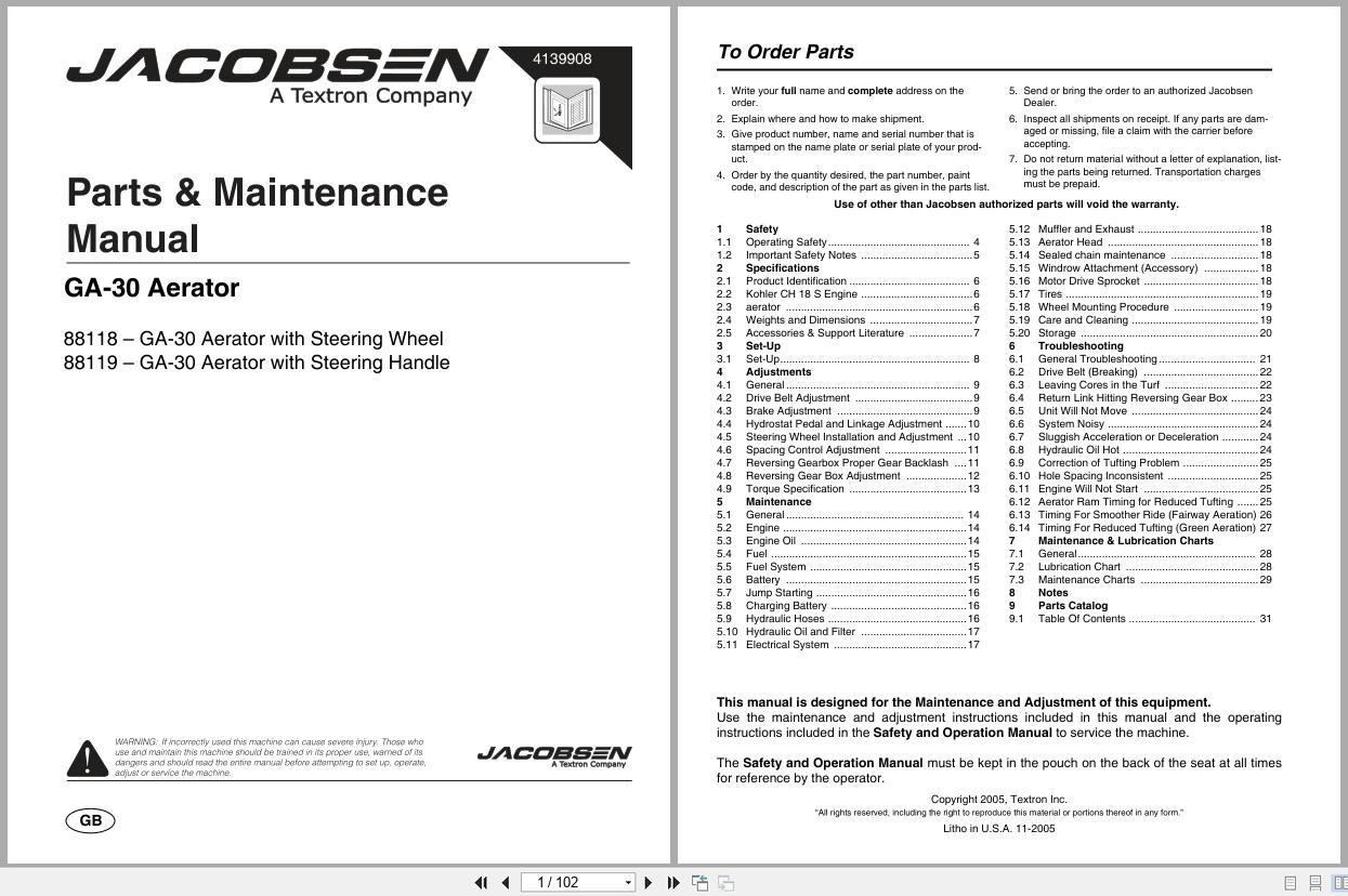 Jacobsen Aerator GA 30 Parts Maintenance Manual 4139908 2005 (1)