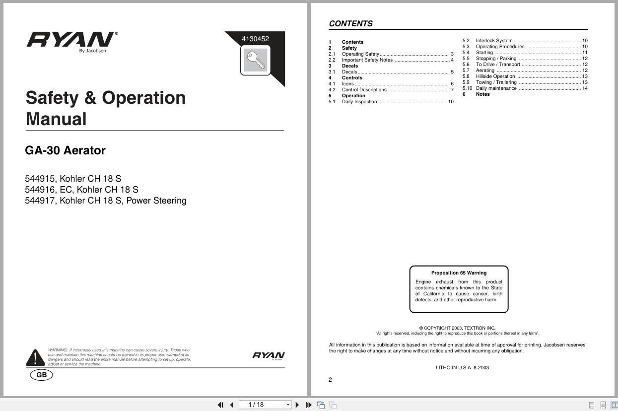 Jacobsen Aerator GA 30 Safety Operation Manual 4130452 2003 (1)