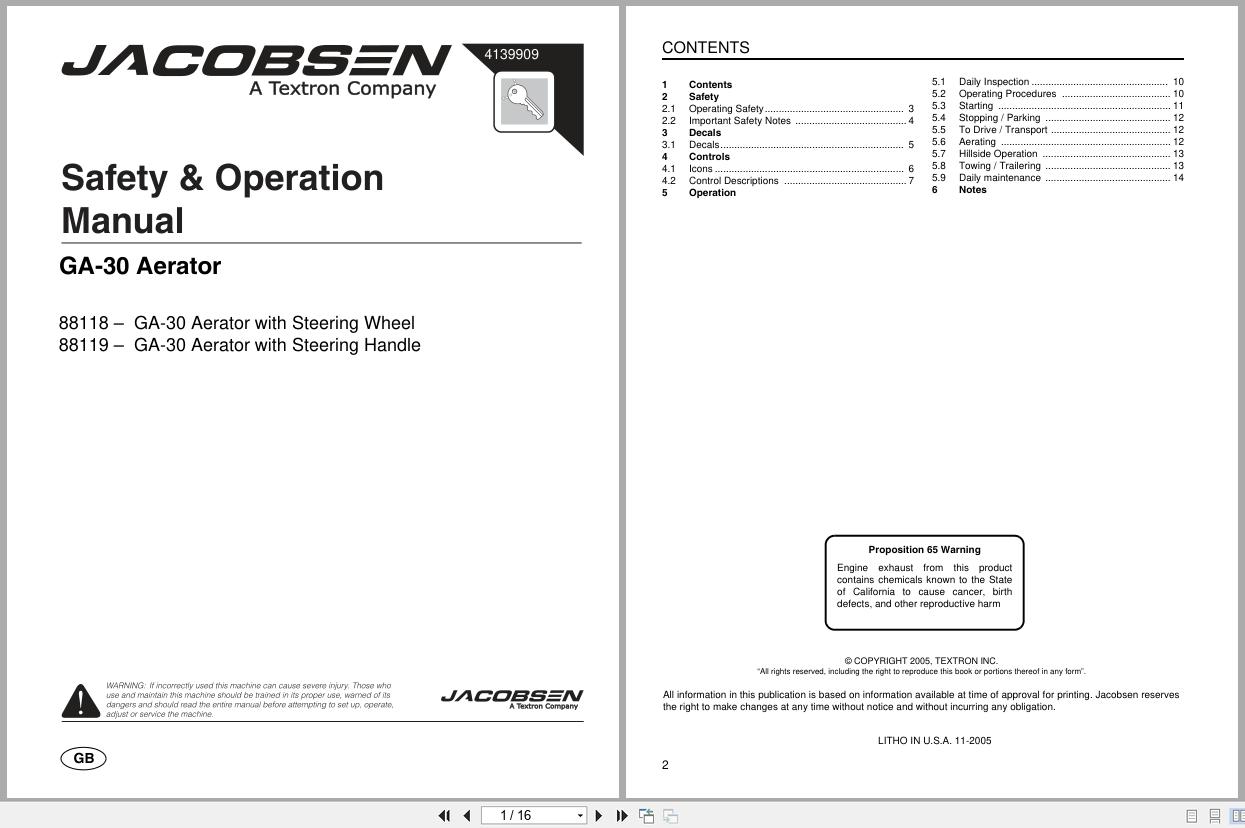 Jacobsen Aerator GA 30 Safety Operation Manual 4139909 2005 (1)