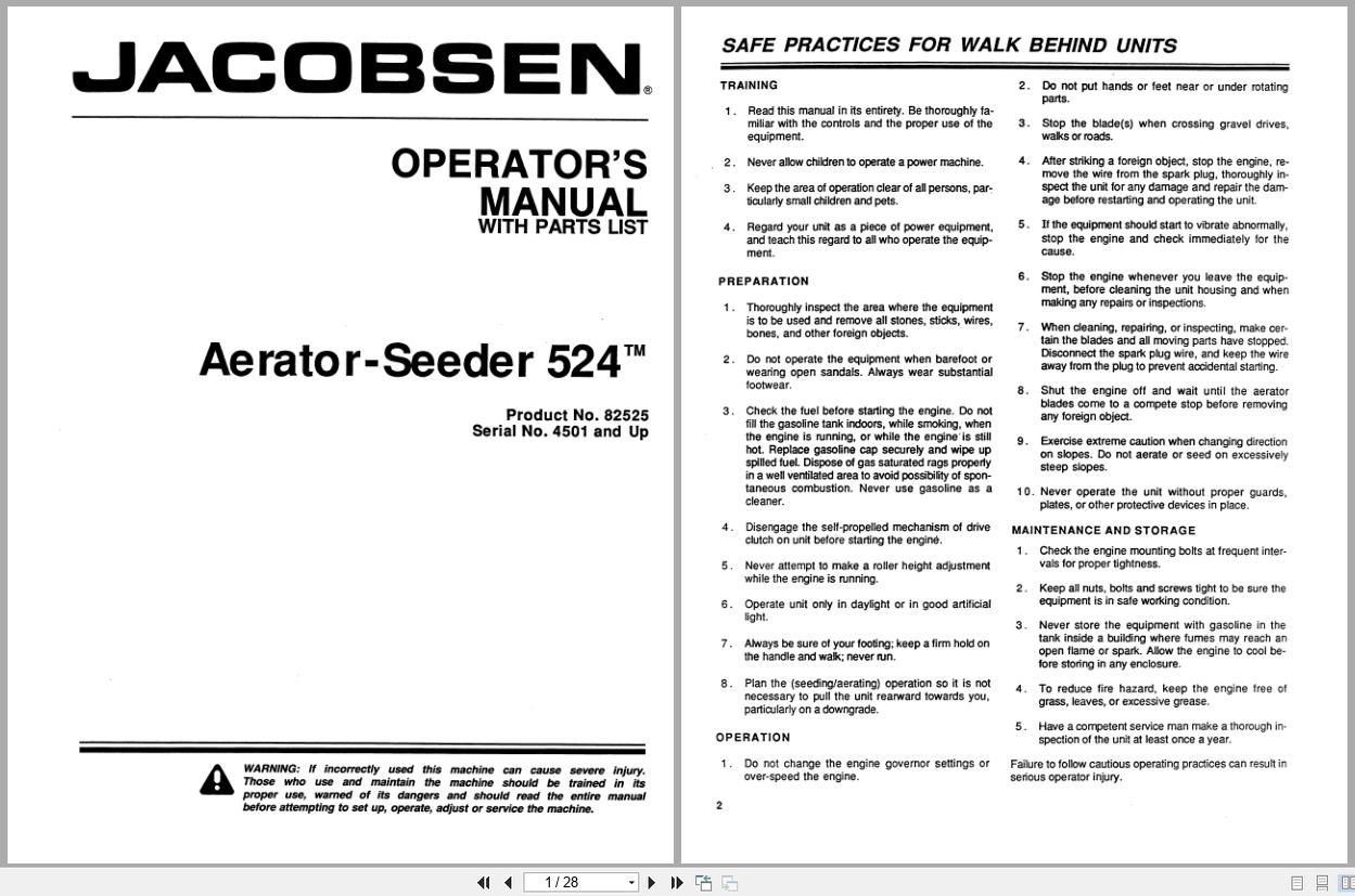 Jacobsen Aerator Seeder 524 Operators Manual And Parts List 364570 (1)