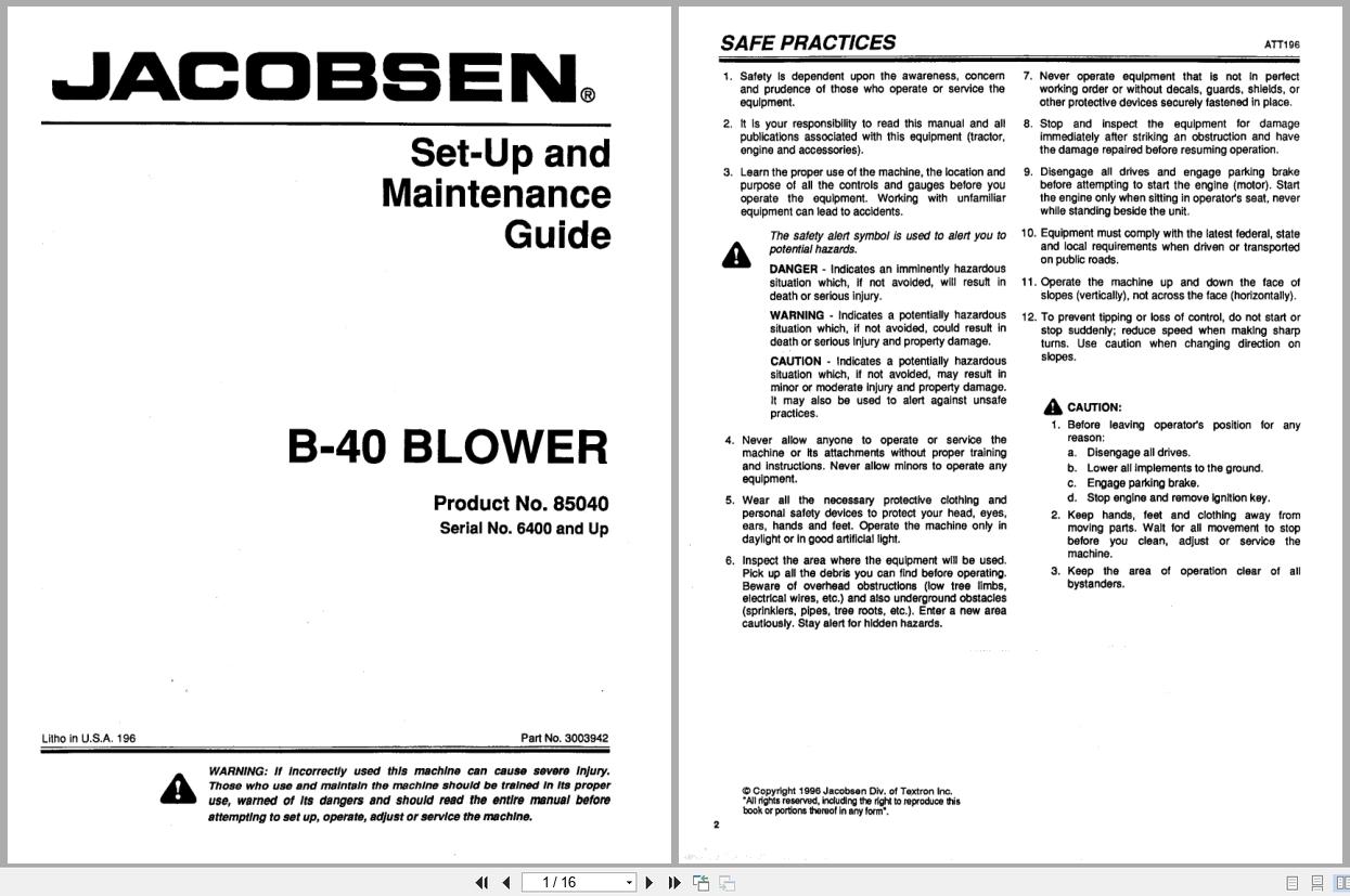 Jacobsen Blower B 40 Setup Maintenance Guide Parts 3003942 1996 (1)