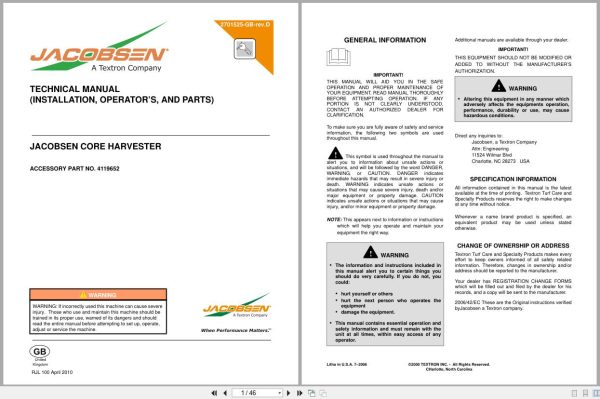 Jacobsen Core Harvester Safety Operation Maintenance Parts Manual 2701525 GB RD 2000 (1) Jacobsen Core Harvester Safety Operation Maintenance Parts Manual 2701525 Gb Rd 2000 (1)
