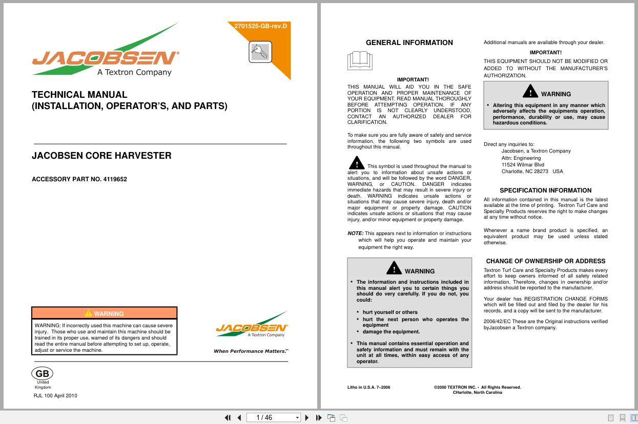 Jacobsen Core Harvester Safety Operation Maintenance Parts Manual 2701525 GB RD 2000 (1)