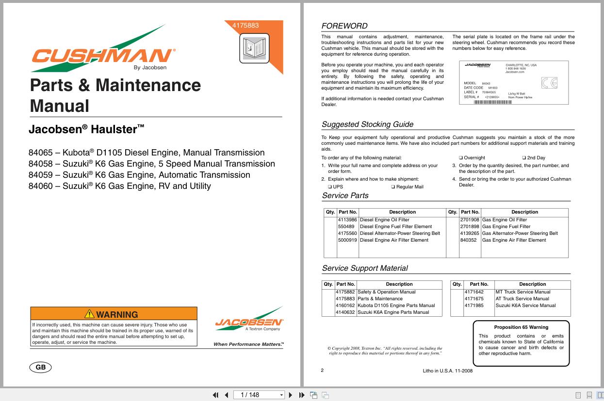 Jacobsen Cushman Utility Vehicle Haulster Parts Maintenance Manual 4175883 A 2008 (1)