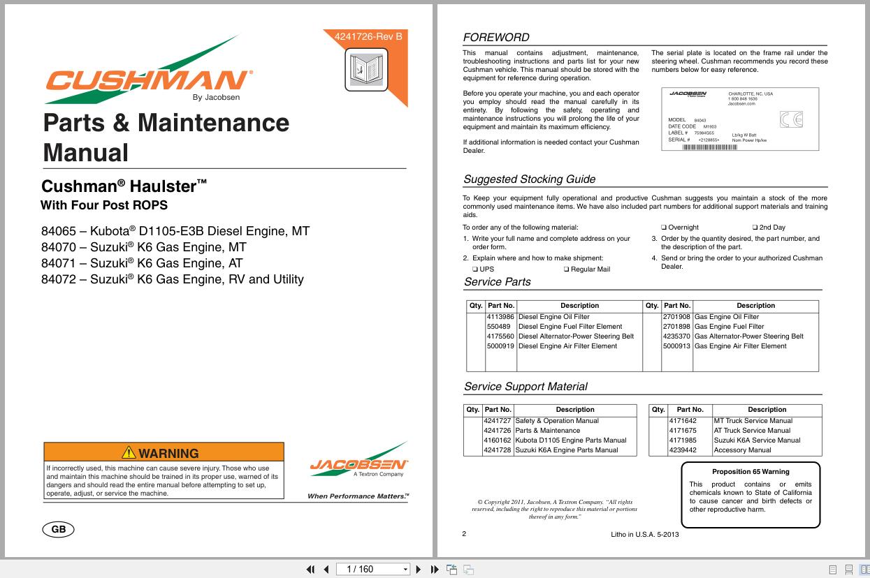 Jacobsen Cushman Utility Vehicle Haulster Parts Maintenance Manual 4241726 B 2013 (1)