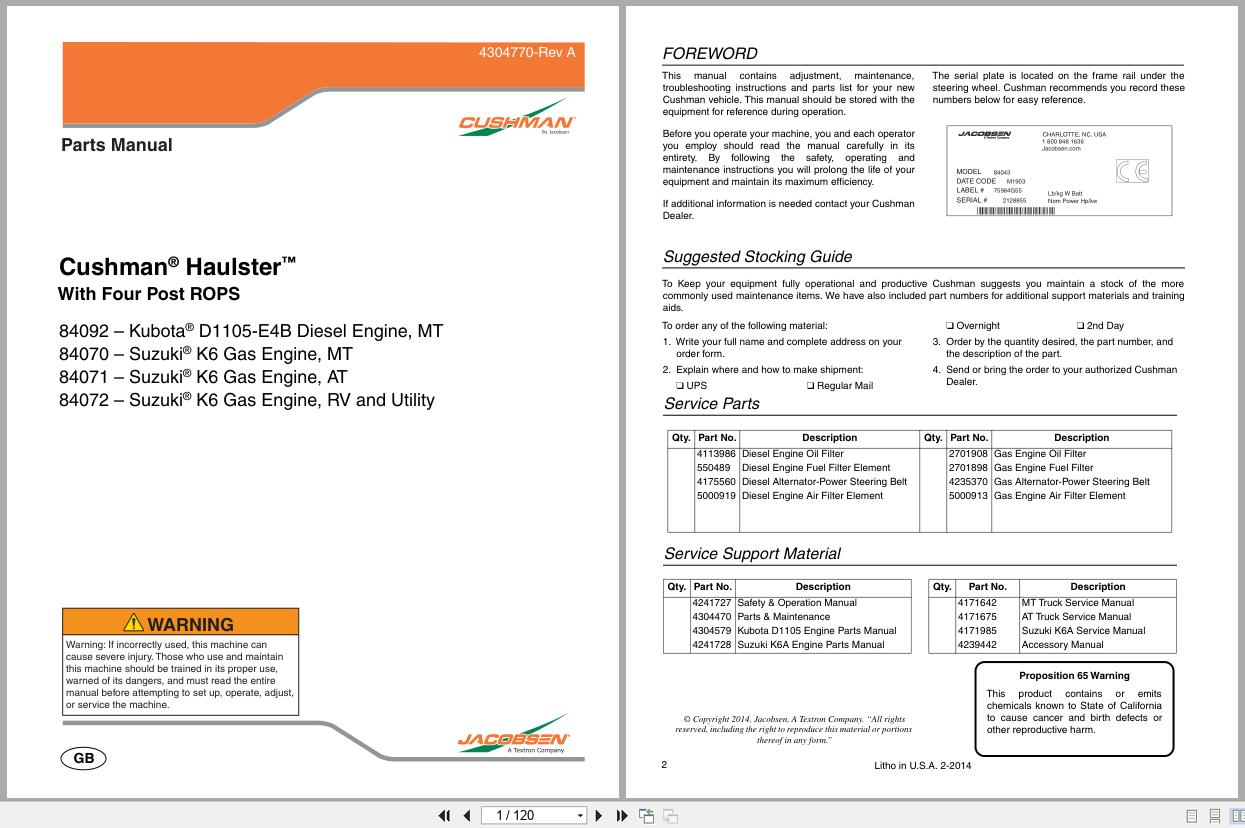 Jacobsen Cushman Utility Vehicle Haulster Parts Manual 4304770 A 2014 (1)