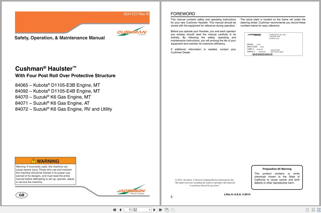 Jacobsen Cushman Utility Vehicle Haulster Safety Operation Maintenance Manual 4241727 B 2014 (1)