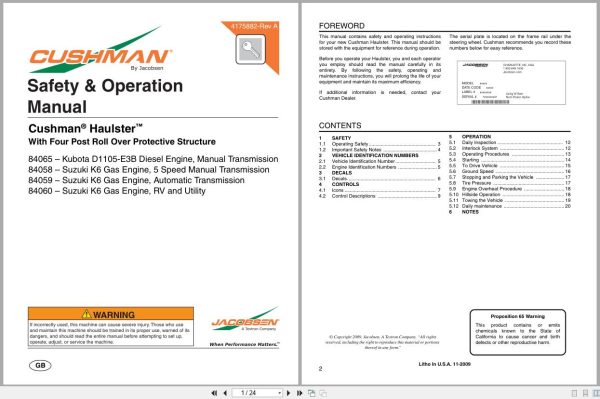Jacobsen Cushman Utility Vehicle Haulster Safety Operation Manual 4175882 A 2009 (1)