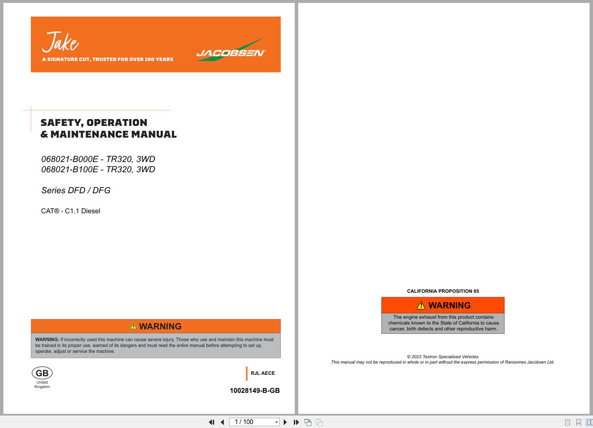 Jacobsen Cylinder Trim Mower TR320 Safety Operation Maintenance Manual 10028149 B GB 2023 (1)