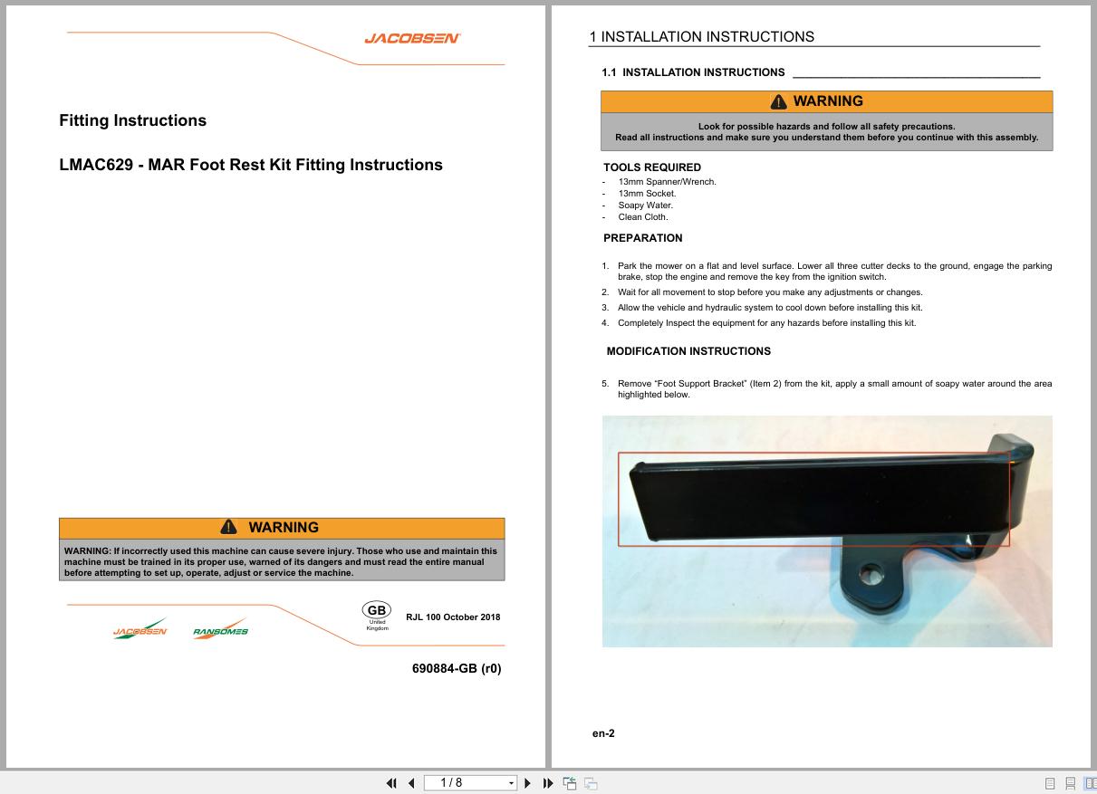 Jacobsen Cylinder Trim Mower TR320 TR330 Foot Rest Kit Fitting Instructions 690884 GB 2018 (1)