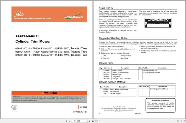 Jacobsen Cylinder Trim Mower Tr330 Parts Manual 677801 G 2024 (1)