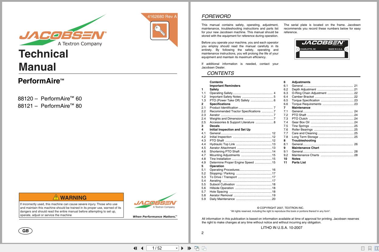 Jacobsen Deep Tine Aerator Performaire 60 80 Technical Parts Manual 4162680 A 2007 (1)