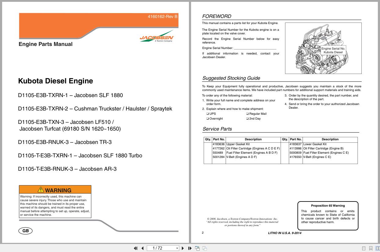 Jacobsen Diesel Engine D1105 E3B TXRN 1 to D1105 T E3B RNUK 3 Parts Manual 4160162 B 2014 (1)