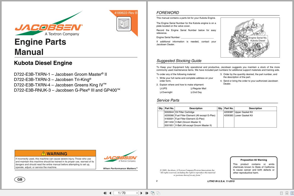 Jacobsen Diesel Engine D722 E3B TXRN 1 to D722 E3B RUNK 3 Engine Parts Manual 4189622 B 2015 (1)