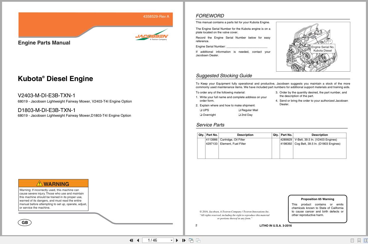 Jacobsen Diesel Engine V2403 M DI E3B TNX 1 D1803 M DI E3B TNX 1 Engine Parts Manual 4358529 A 2016 (1)