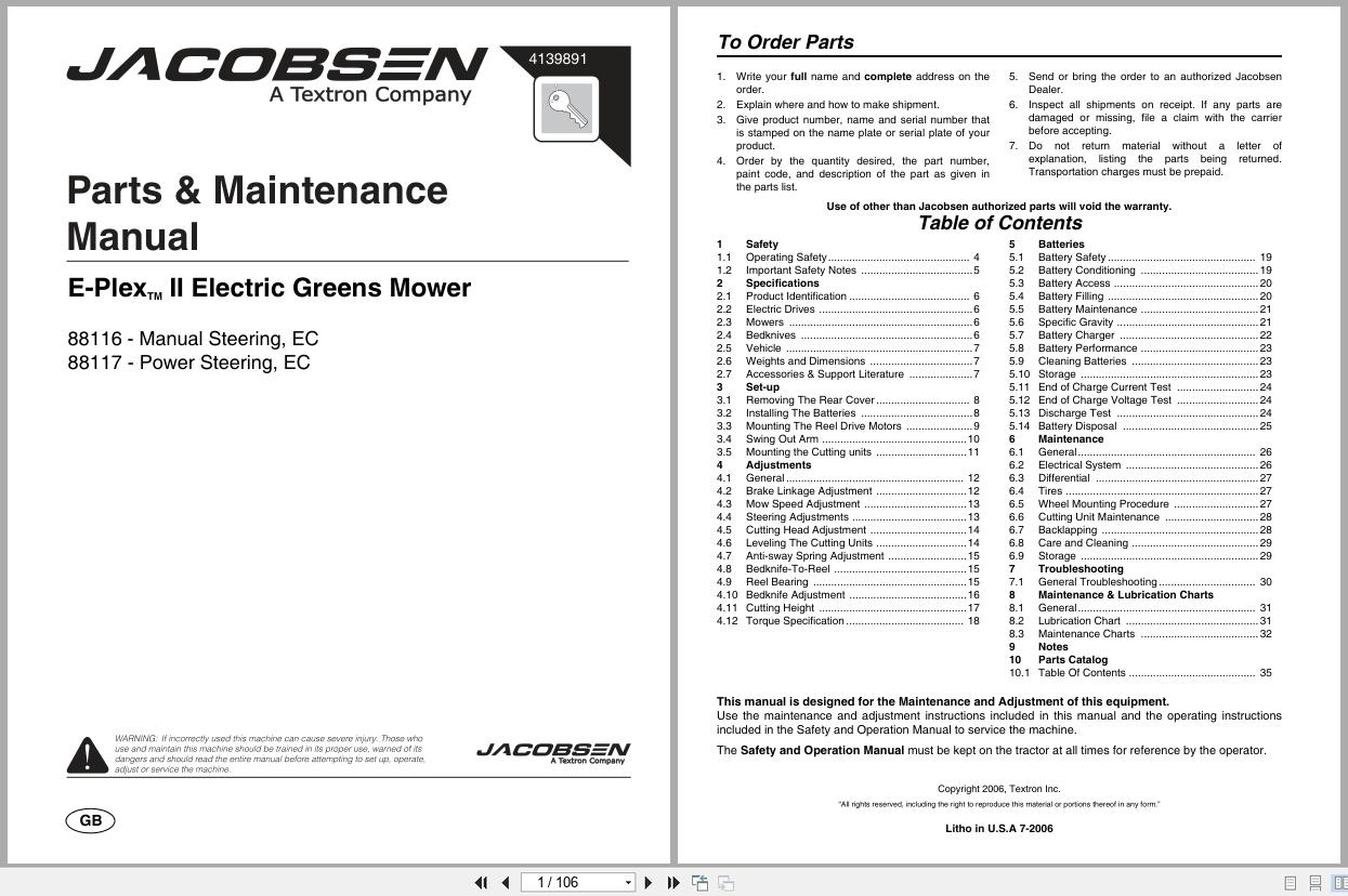 Jacobsen Electric Greens Mower E Plex II 88116 88117 Parts Maintenance Manual 413989 2006 (1)