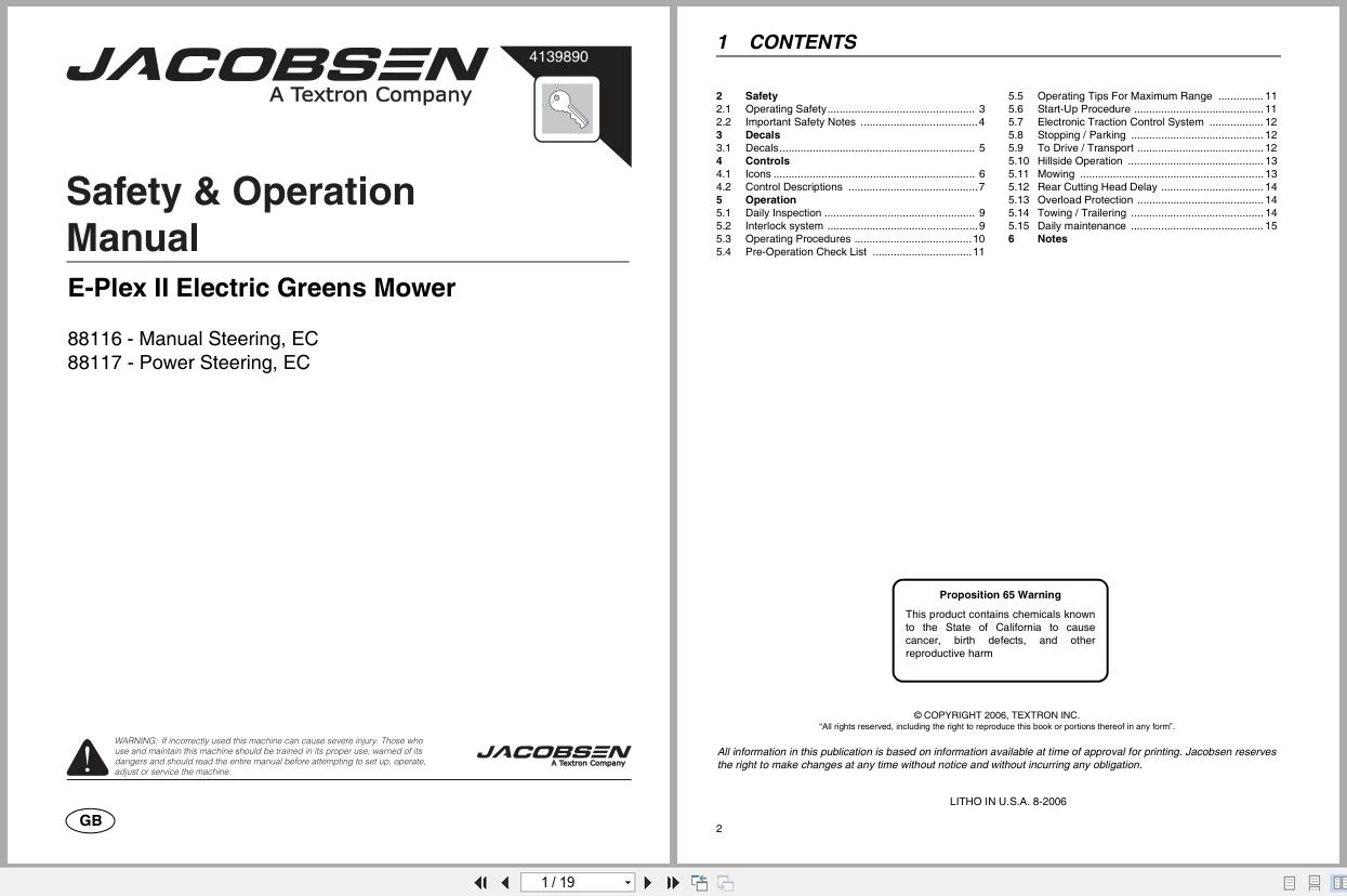 Jacobsen Electric Greens Mower E Plex II 88116 88117 Safety Operation Manual 4139890 2006 (1)