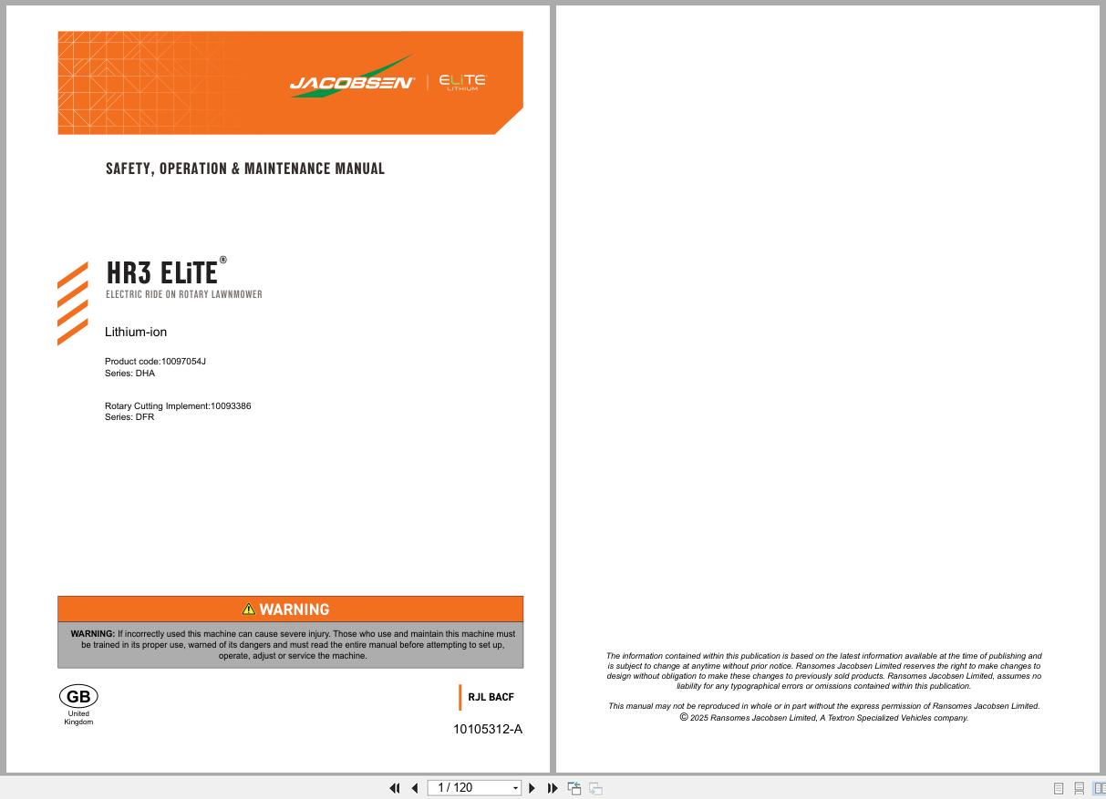 Jacobsen Electric Ride On Rotary Lawn Mower HR3 Safety Operation Manual 10105312 A GB 2025 (1)