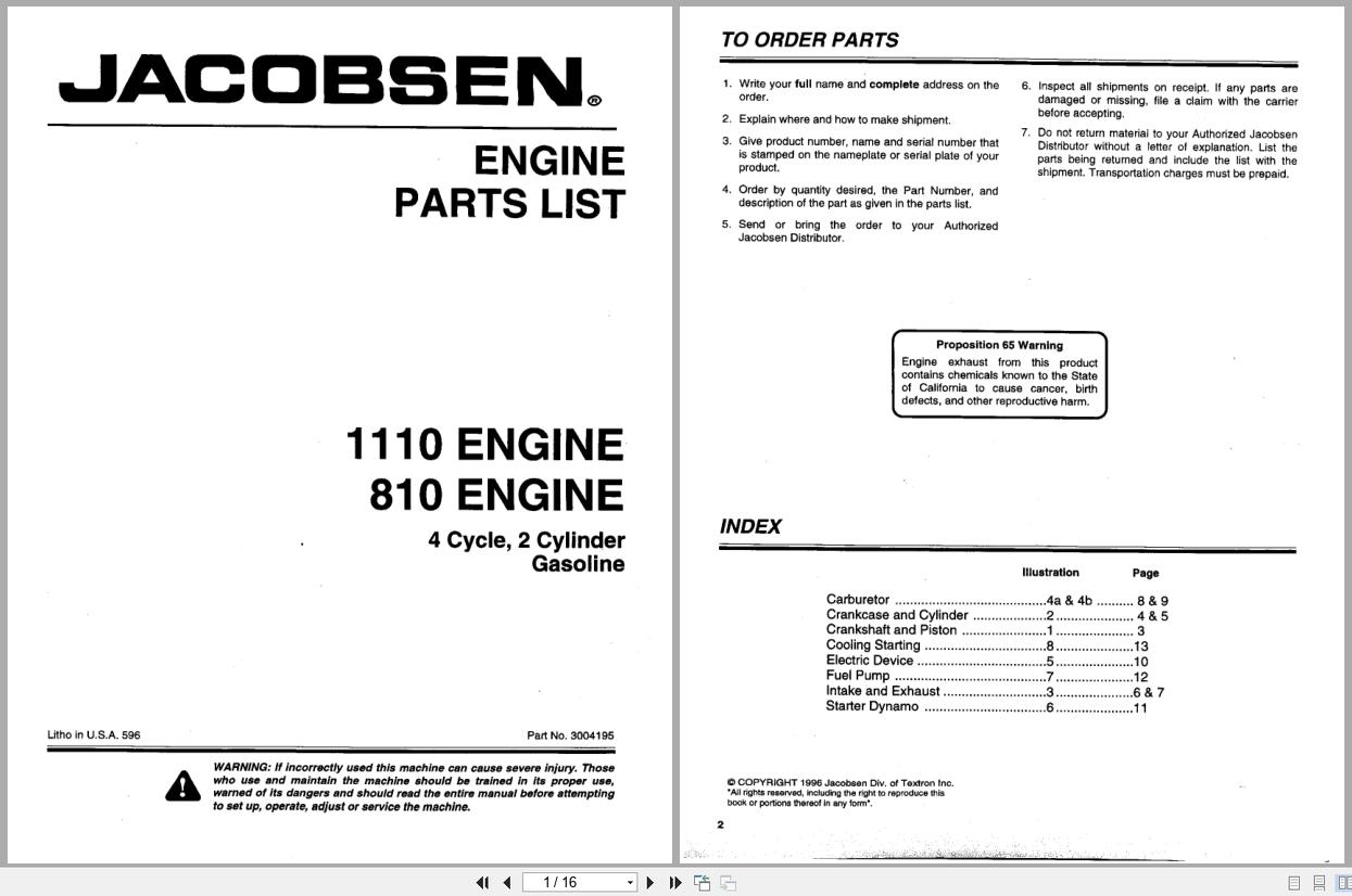 Jacobsen Engine 810 1110 Engine Parts Manual 3004195 1996 (1)