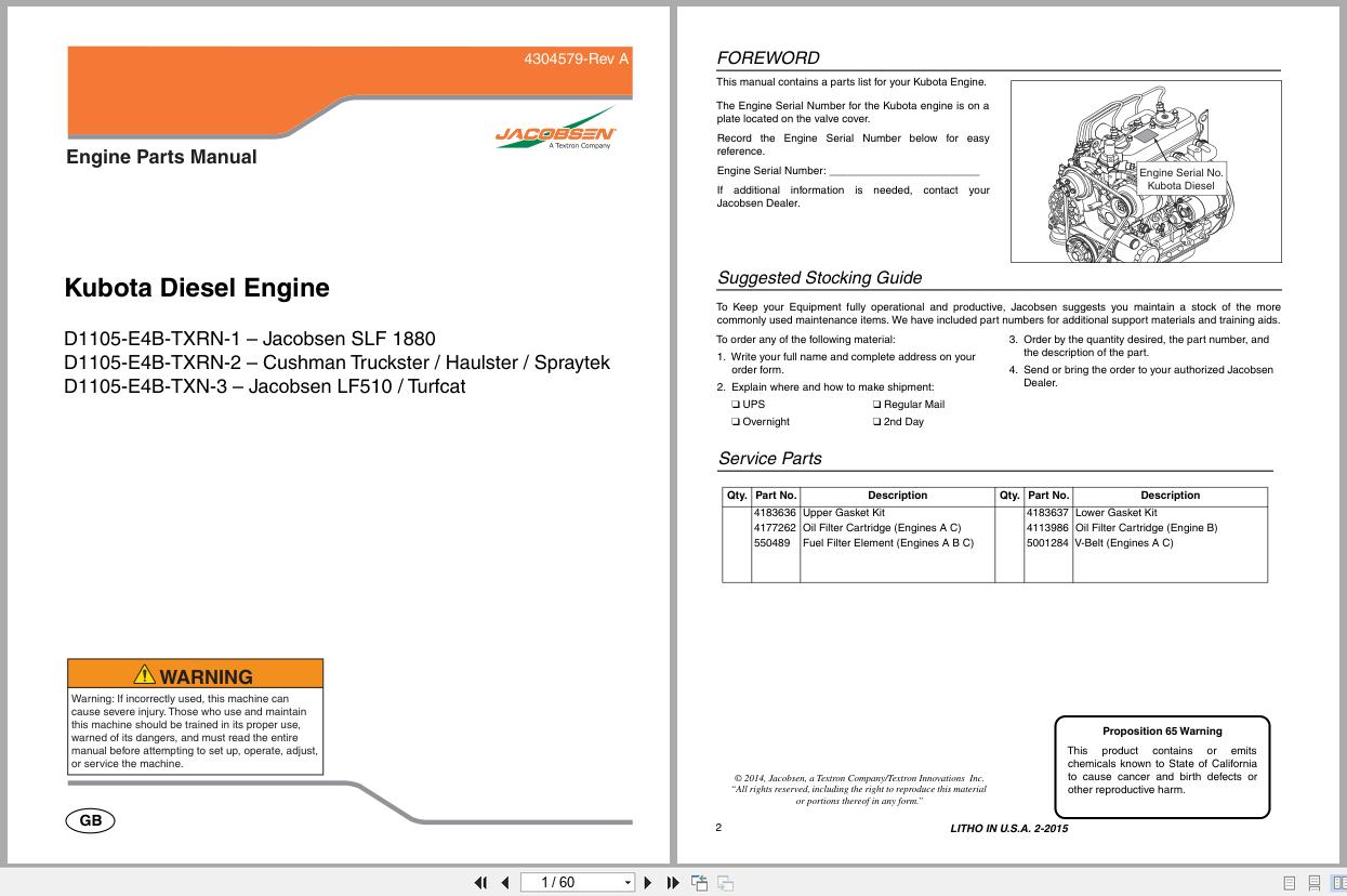 Jacobsen Engine D1105 E4B TXRN 1 to D1105 E4B TXN 3 Engine Parts Manual 4304579 A 2015 (1)