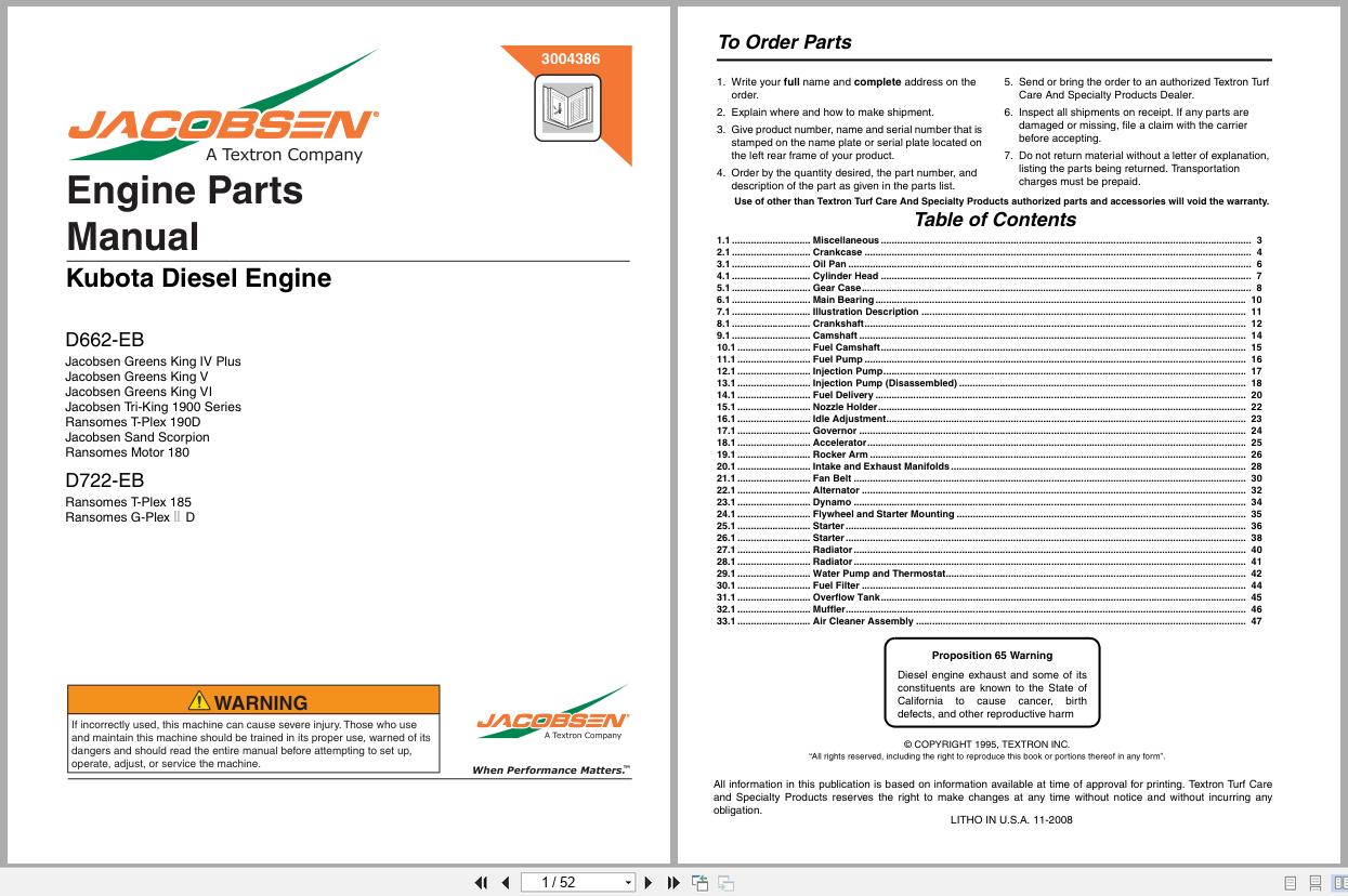 Jacobsen Engine D662 EB D722 EB Parts Manual 3004386 1995 (1)