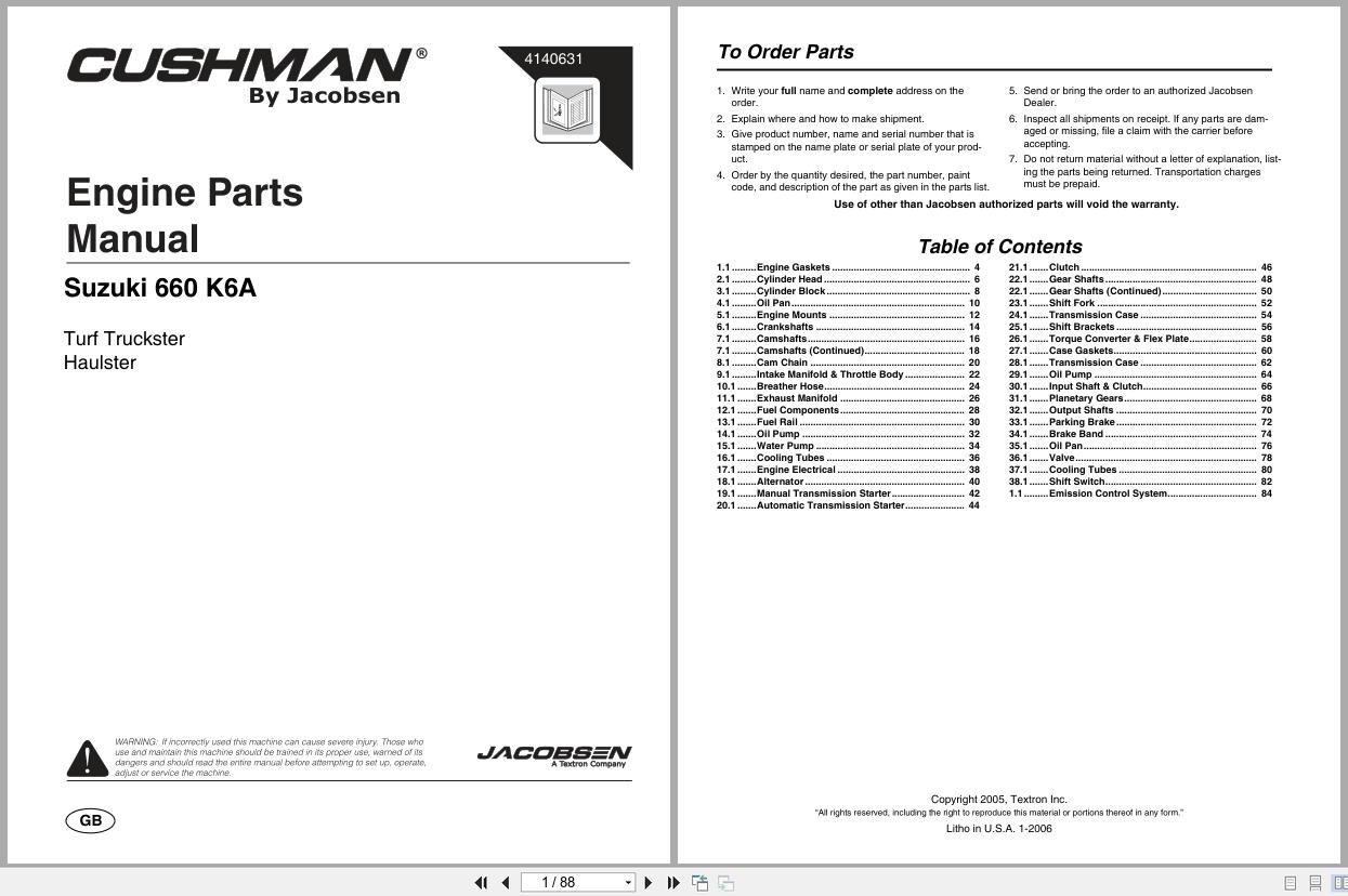 Jacobsen Engine Suzuki 660 K6A For Turf Truckster Haulster Engine Parts Manual 4140631 2005 (1)