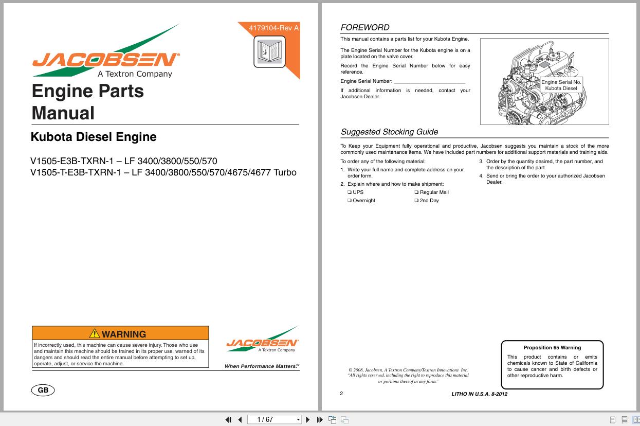 Jacobsen Engine V1505 E3B TXRN 1 V1505 T E3B TXRN 1 Engine Parts Manual 4179104 A 2012 (1)