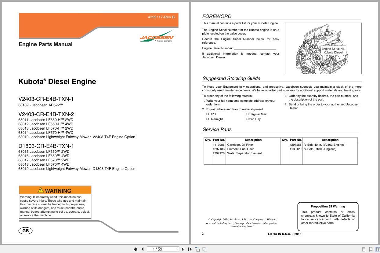 Jacobsen Engine V2403 CR E4B TXN 1 to D1803 CR E4B TXN 1 Parts Manual 4299117 A 2016 (1)