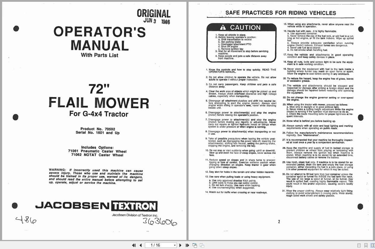 Jacobsen Fail Mower 72 G 4x4 Tractor Operators Manual And Parts List 363606 (1)