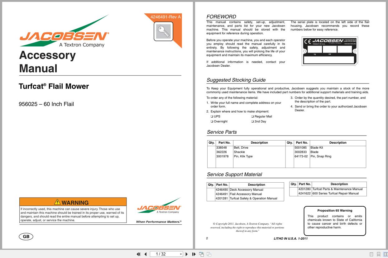 Jacobsen Fail Mower TurfCat 600 Series Accessory Parts Manual 4246491 (1)