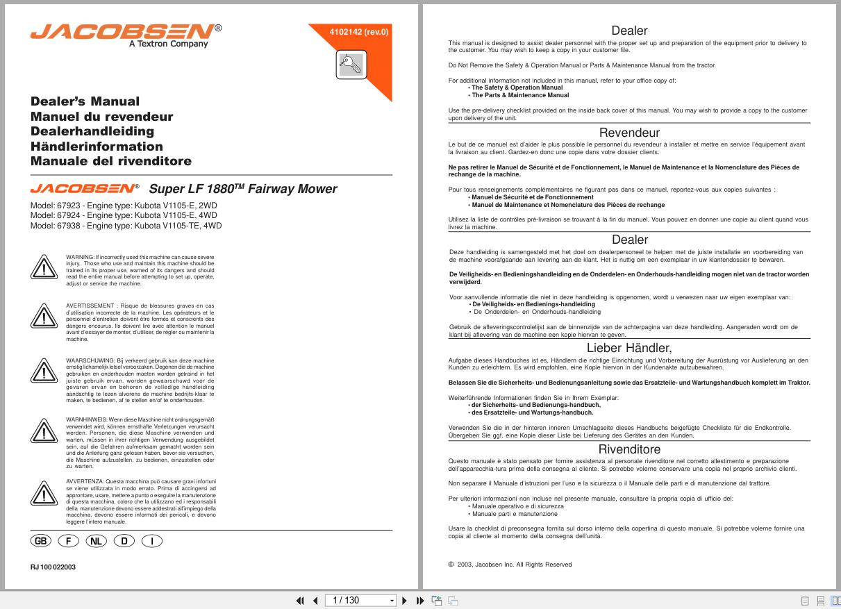 Jacobsen Fairway Mower SLF 1880 Dealer Manual 4102142 2003 EN FR DE IT NL (1)