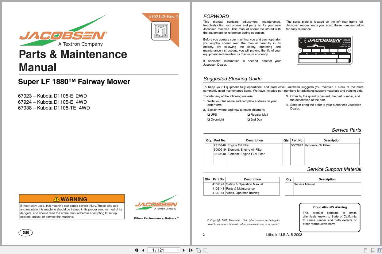 Jacobsen Fairway Mower SLF 1880 Parts Maintenance Manual 4102143 D 2008 (1)