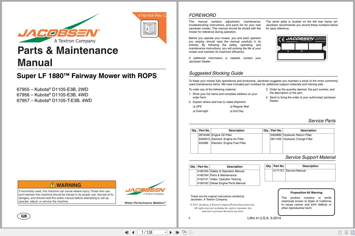Jacobsen Fairway Mower SLF 1880 Parts Maintenance Manual 4160164 C 2014 (1)