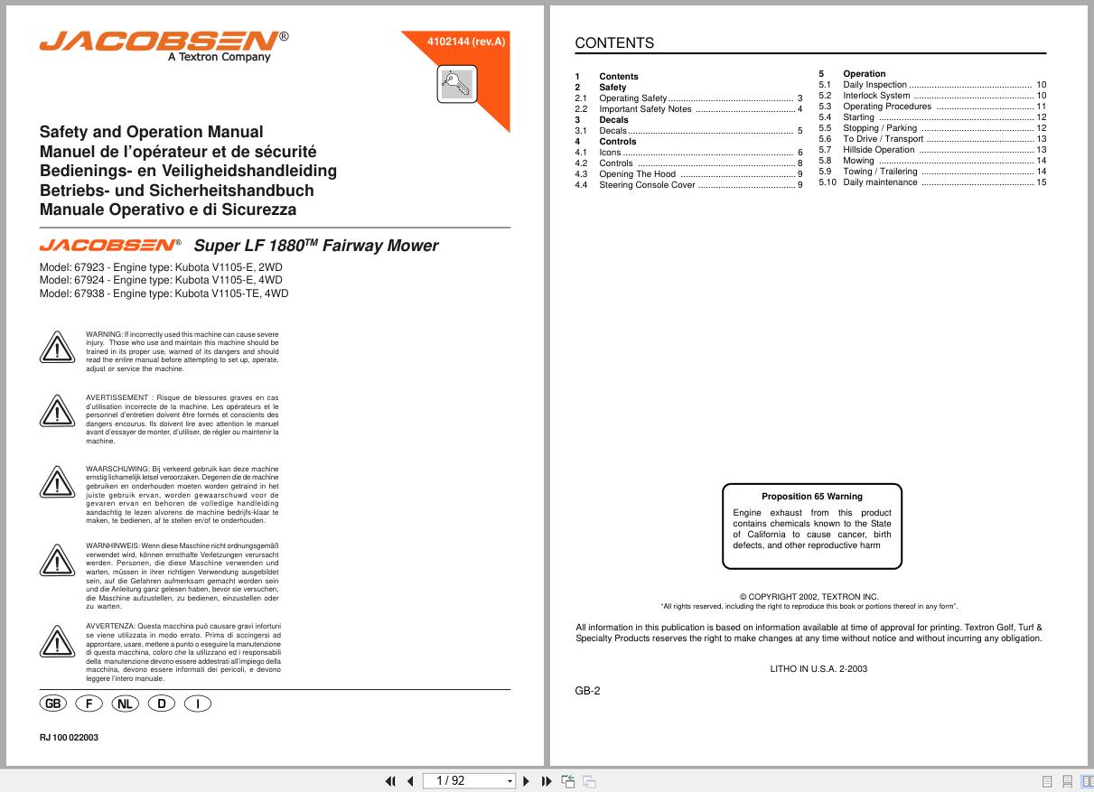 Jacobsen Fairway Mower SLF 1880 Safety Operation Manual 4102144 2003 EN FR NL DE IT (1)