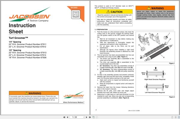Jacobsen Fairway Mower Slf 1880 Turf Groomer Instruction Sheet 2812002 2008 (1)