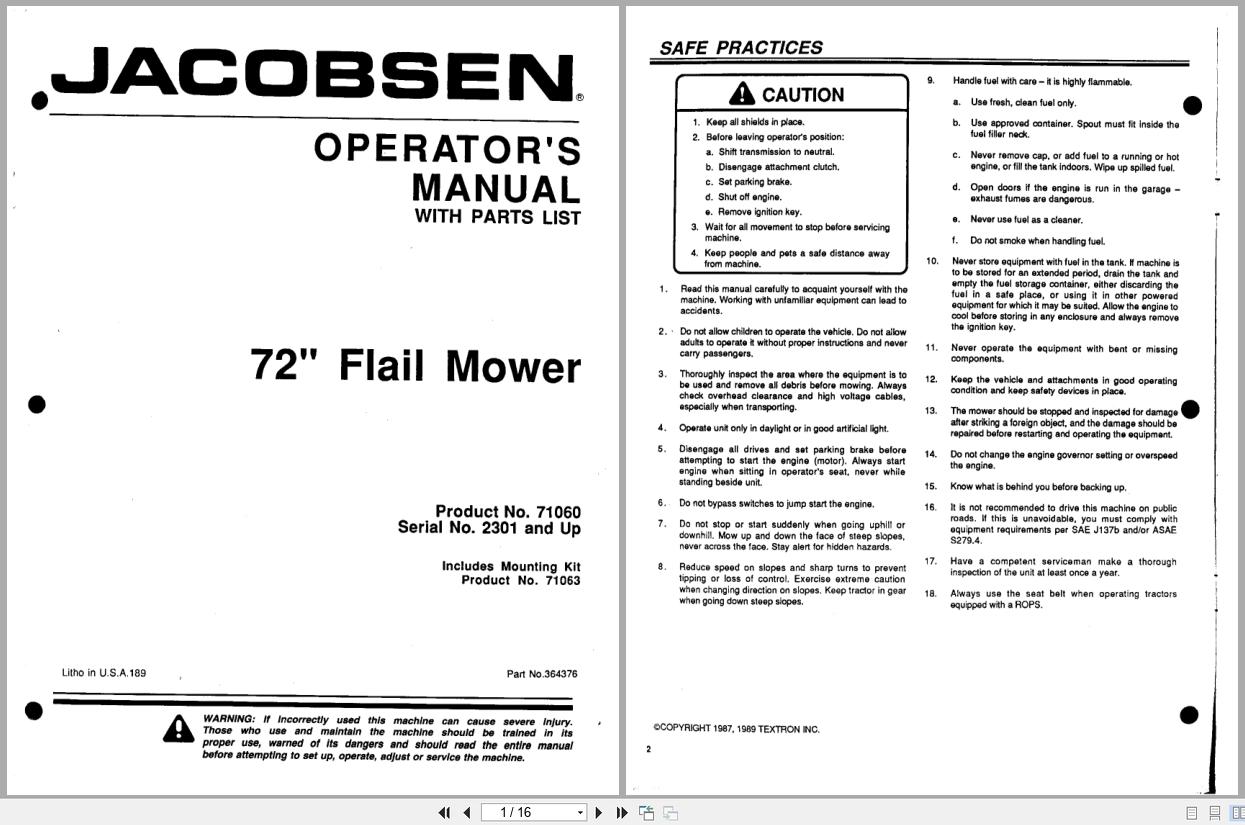 Jacobsen Flail Mower 72 For HR 15 Operator Parts Manual 364376 1997 (1)
