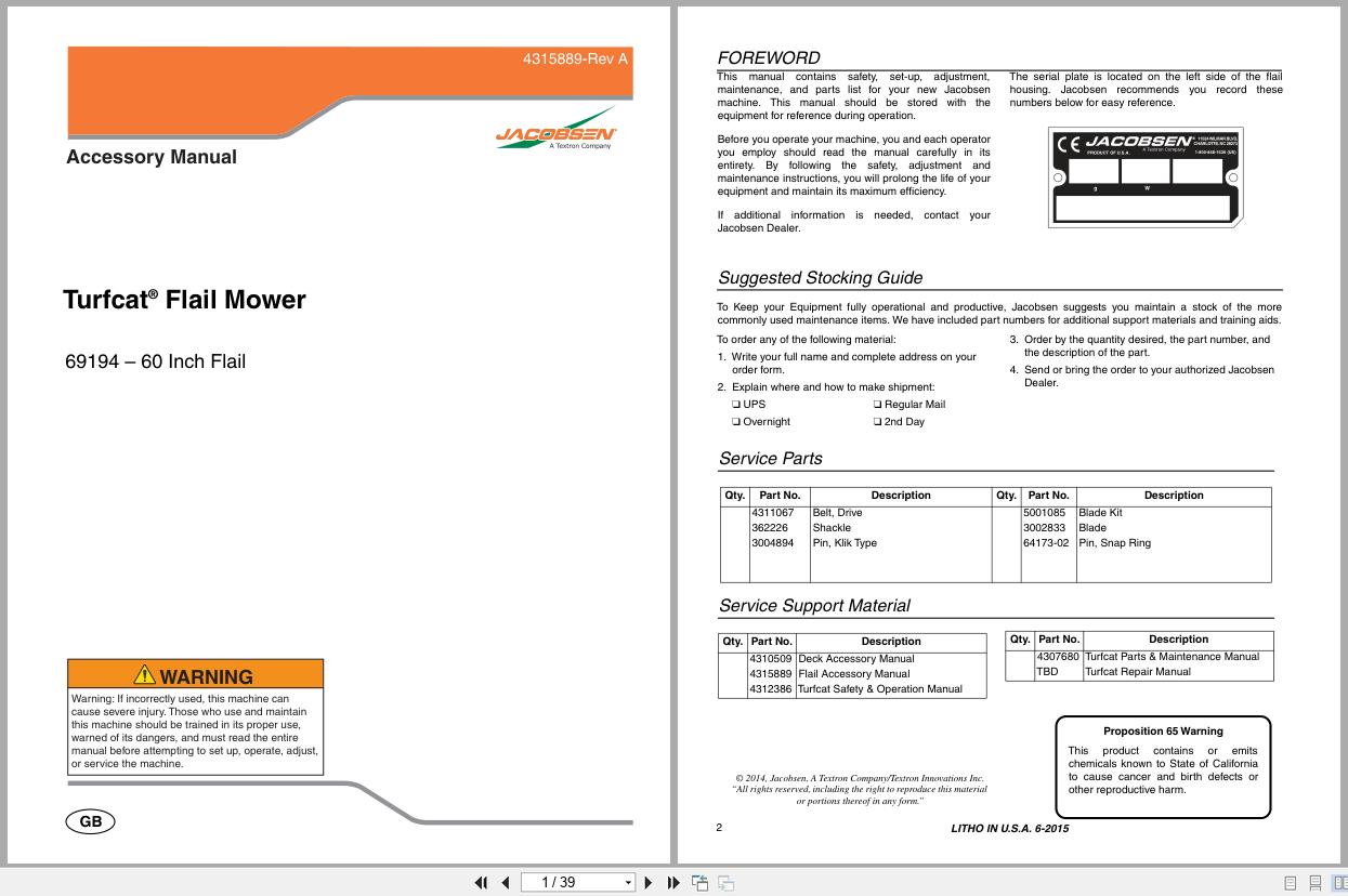 Jacobsen Flail Mower TurfCat 69194 60 Inch Flail Accessory Parts Manual 4315889 A 2015 (1)